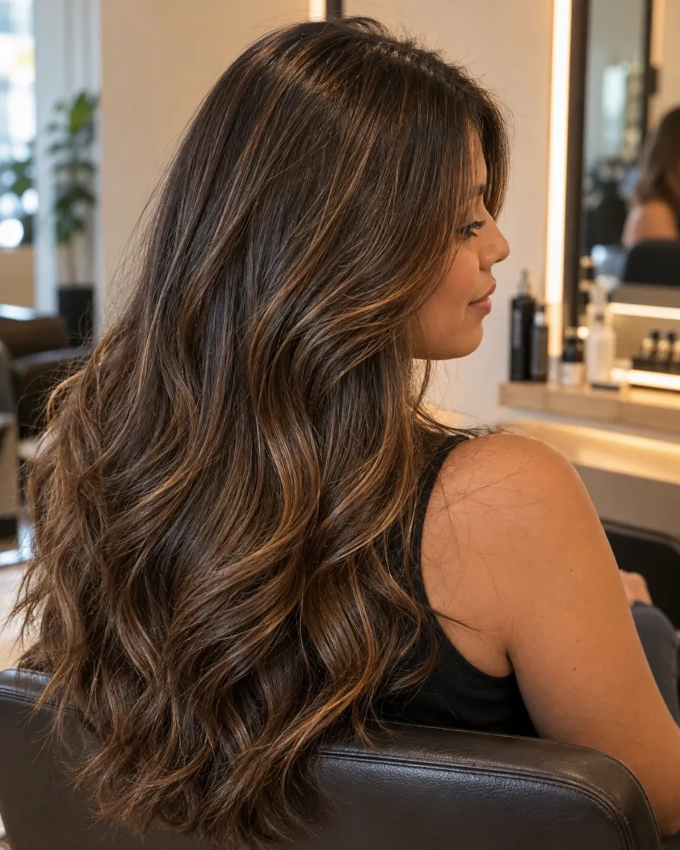 Cabelo castanho com mechas iluminadas e ondas longas