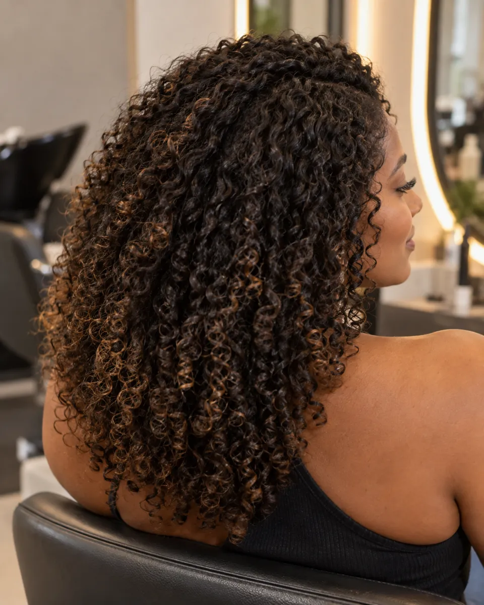 Cabelo cacheado definido com mechas