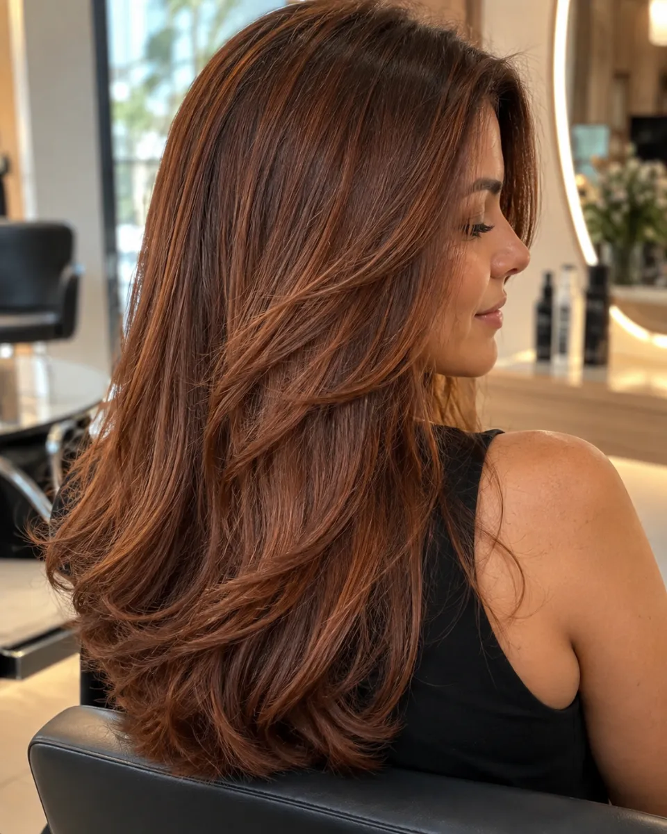 Cabelo acobreado com cortes em camadas