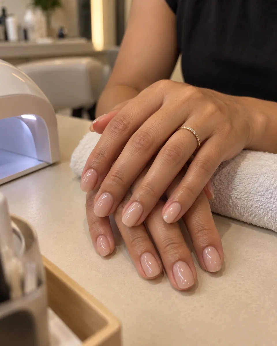 Unhas em esmaltação nude leitosa
