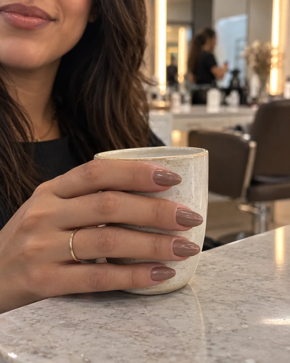 Unhas amêndoa em tom marrom rosado
