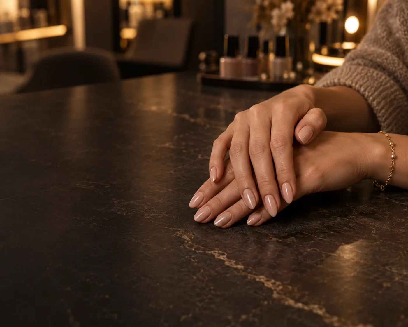Mãos com esmaltação nude sobre bancada de mármore escuro